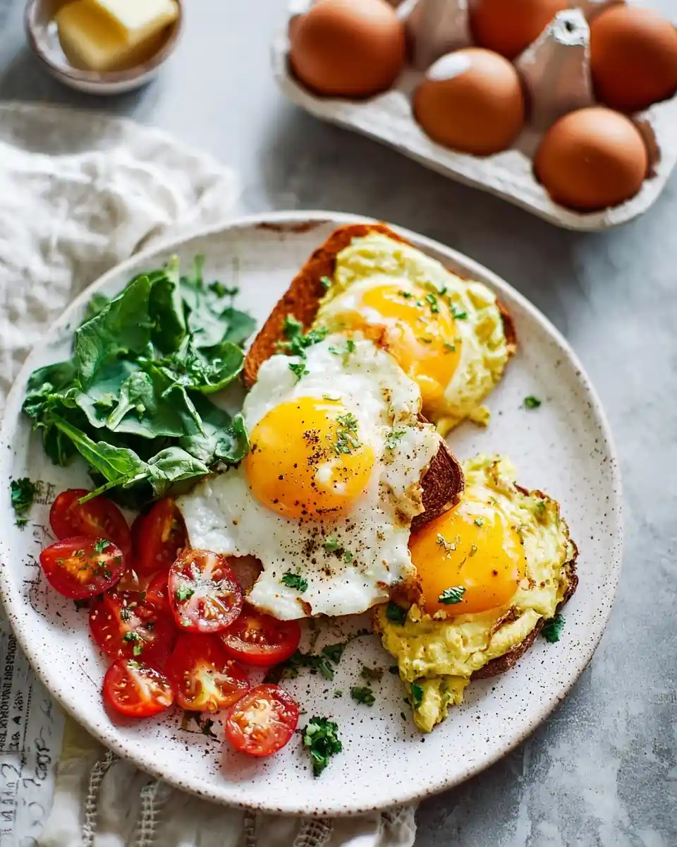 Delicious avocado toast with eggs topped with fresh herbs, alongside cherry tomatoes and spinach.