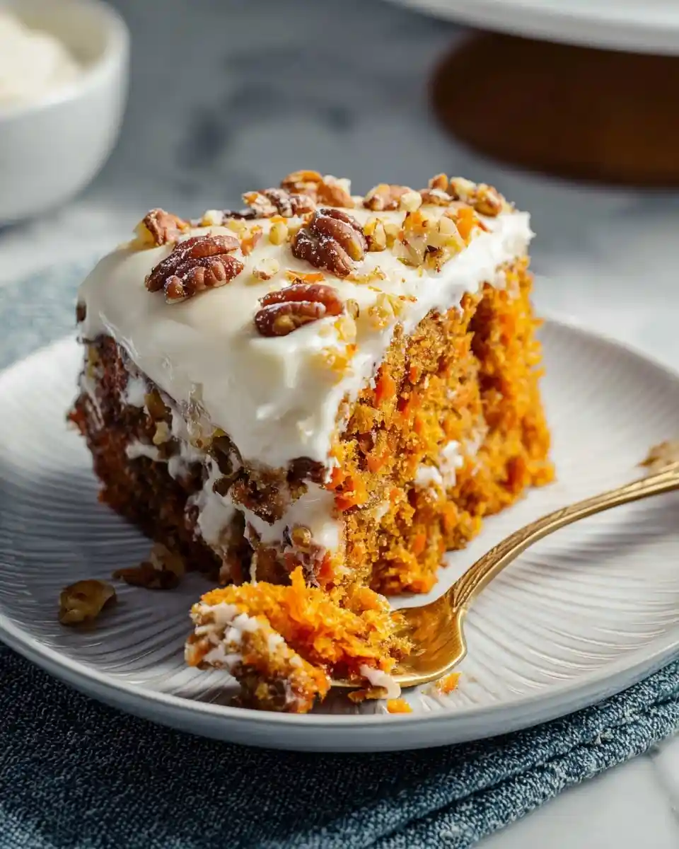 A delicious slice of carrot cake with cream cheese frosting and pecans on a plate, with a bite taken by a fork.