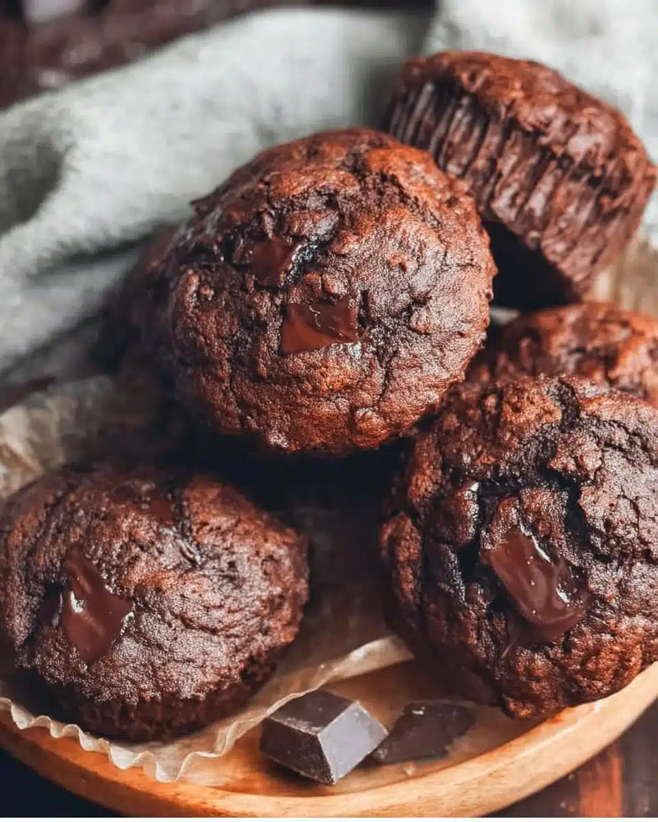 Delicious double chocolate chunk muffins with rich chocolate pieces