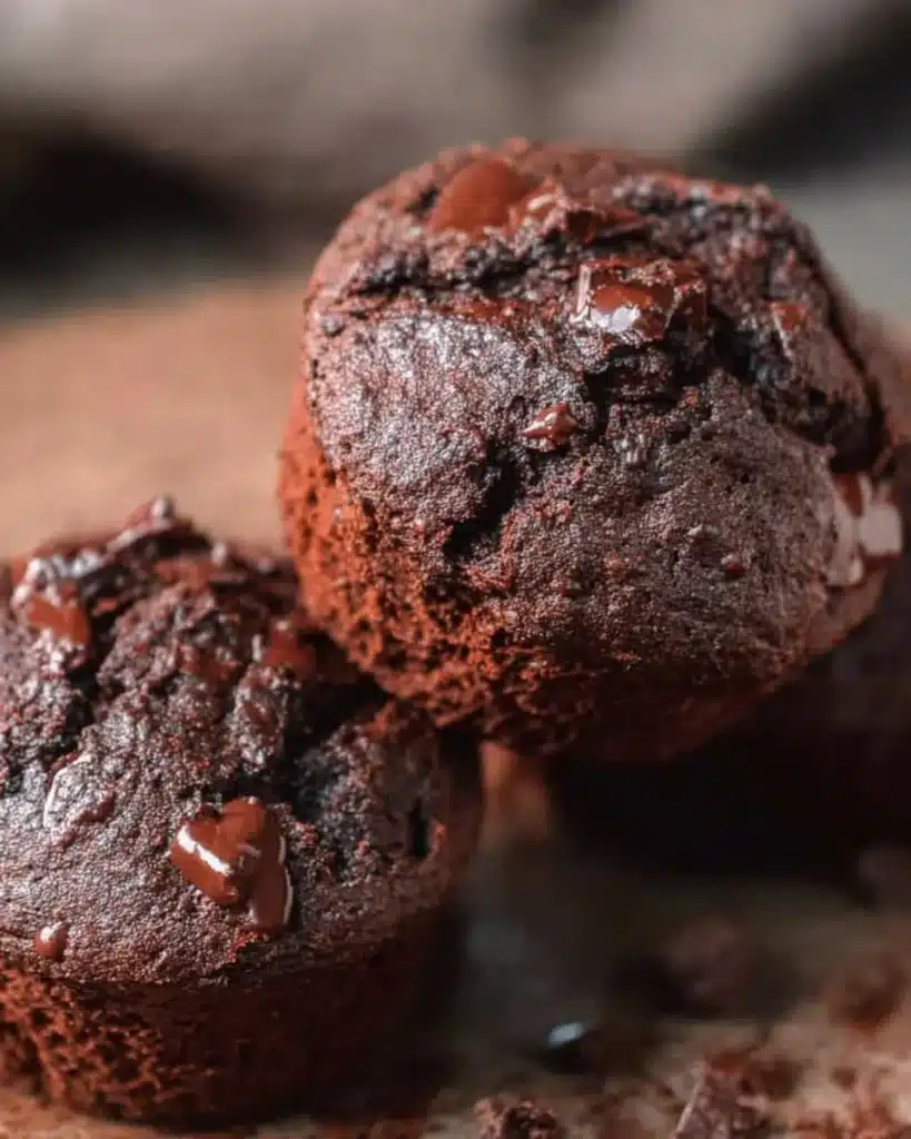 Delicious double chocolate chunk muffins with gooey chocolate pieces