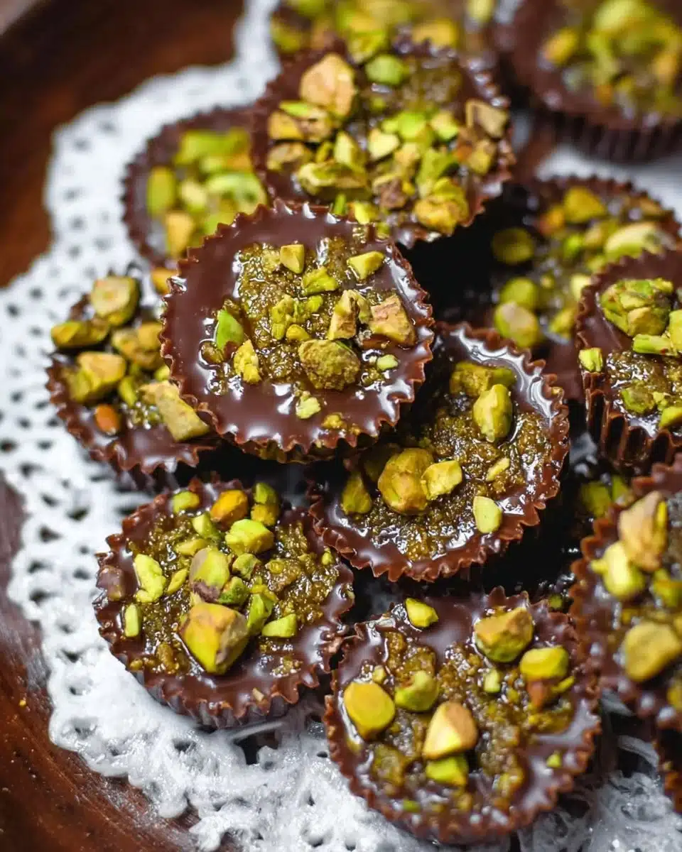 Delicious Dubai Chocolate Pistachio Cups with chocolate coating and pistachio filling
