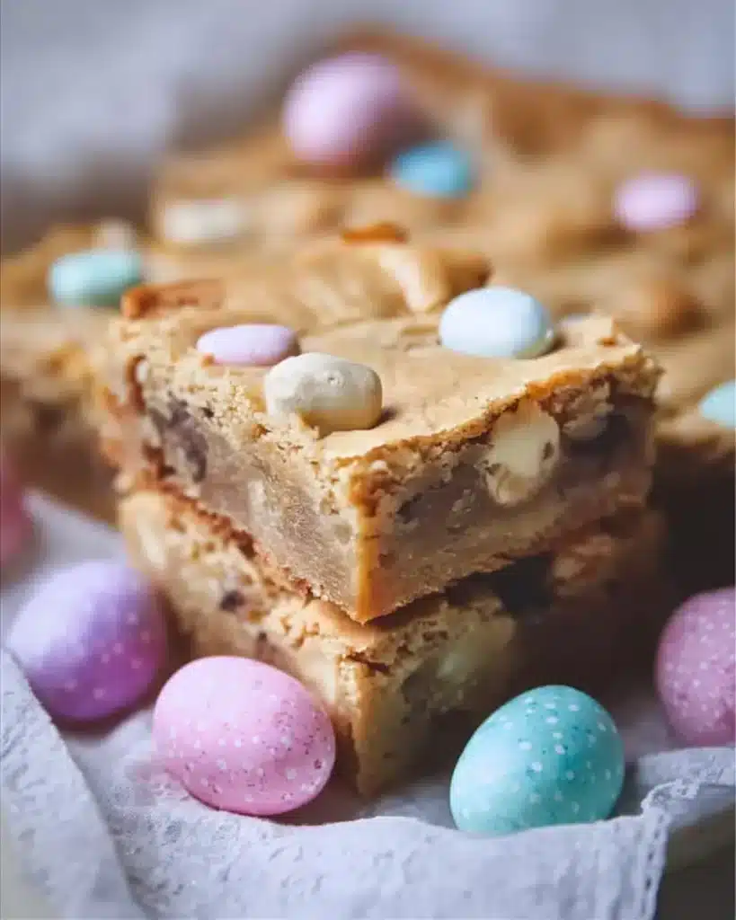 Plate of colorful Easter Blondies topped with pastel sprinkles