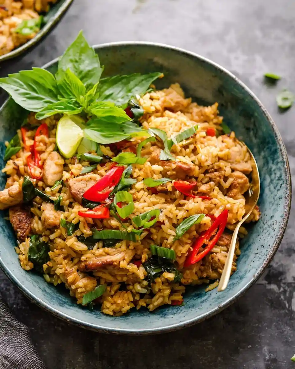 Bowl of {{ $('Fetch Recipe Data').first().json["Main Keyword"] }} with chicken, red chili, and fresh basil.