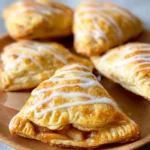 Golden baked apple turnovers with spiced filling and vanilla icing drizzle on a wooden plate.