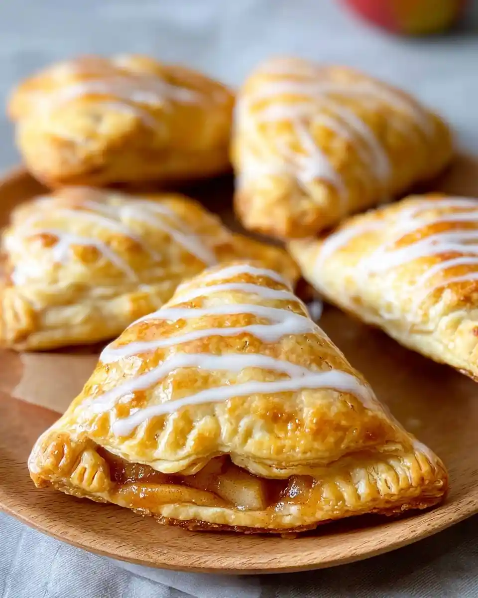 Golden baked apple turnovers with spiced filling and vanilla icing drizzle on a wooden plate.