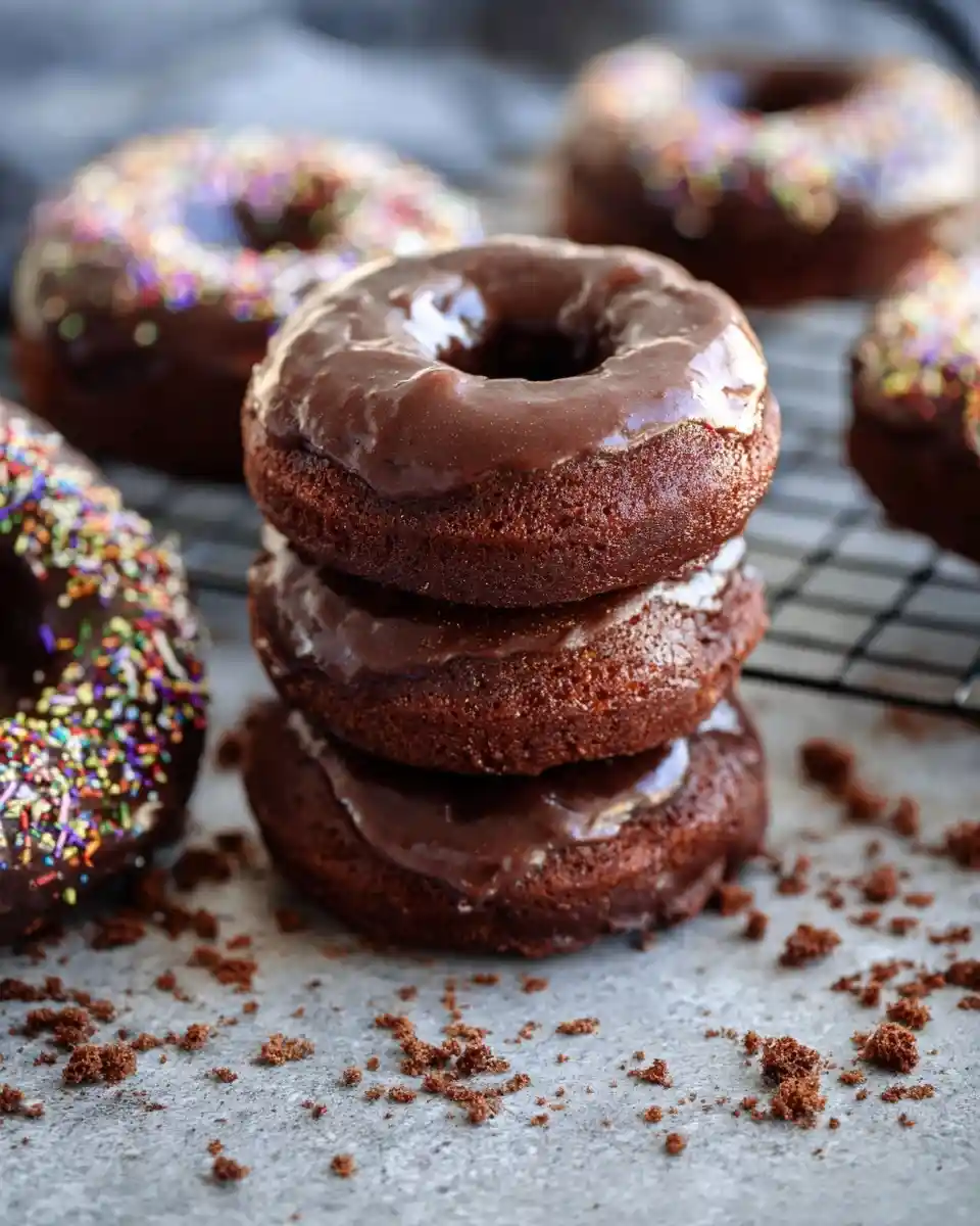 A stack of three glazed {{ $('Fetch Recipe Data').first().json["Main Keyword"] }} surrounded by scattered crumbs and sprinkle-topped donuts.