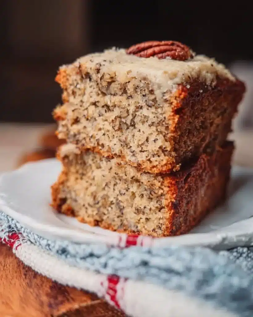 Delicious easy banana snack cake served on a plate, perfect for dessert