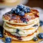 Delicious easy blueberry pancakes served on a plate with fresh blueberries.