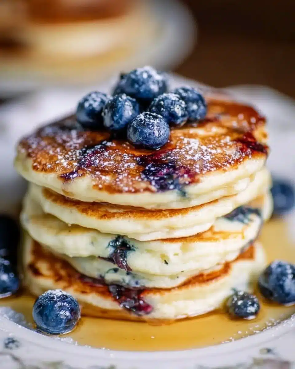 Delicious easy blueberry pancakes served on a plate with fresh blueberries.