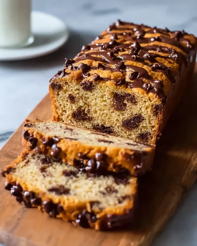 Sliced chocolate chip banana bread topped with a chocolate drizzle and chocolate chips on a wooden cutting board.