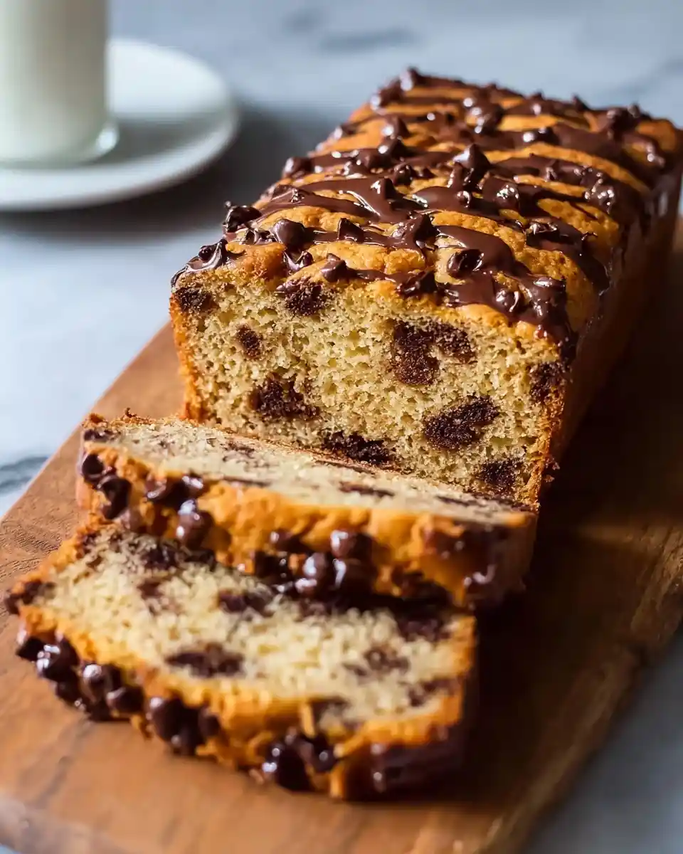 Sliced chocolate chip banana bread topped with a chocolate drizzle and chocolate chips on a wooden cutting board.