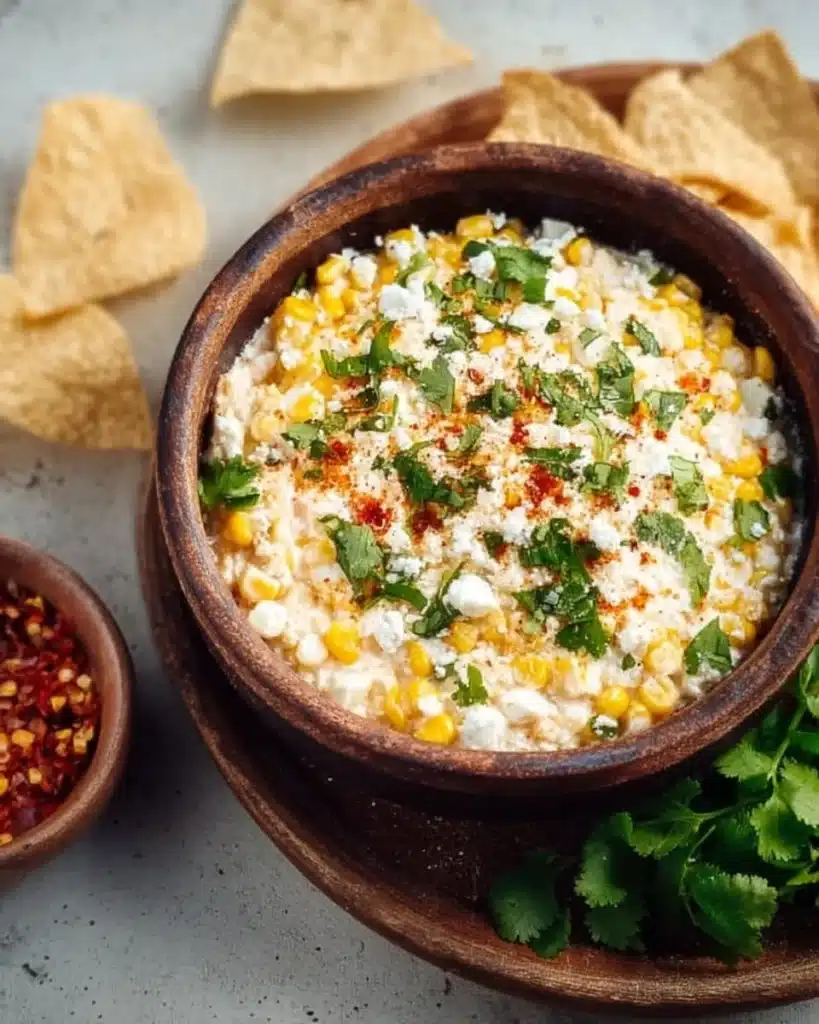 Bowl of easy elote dip topped with cheese and spices, served with tortilla chips.