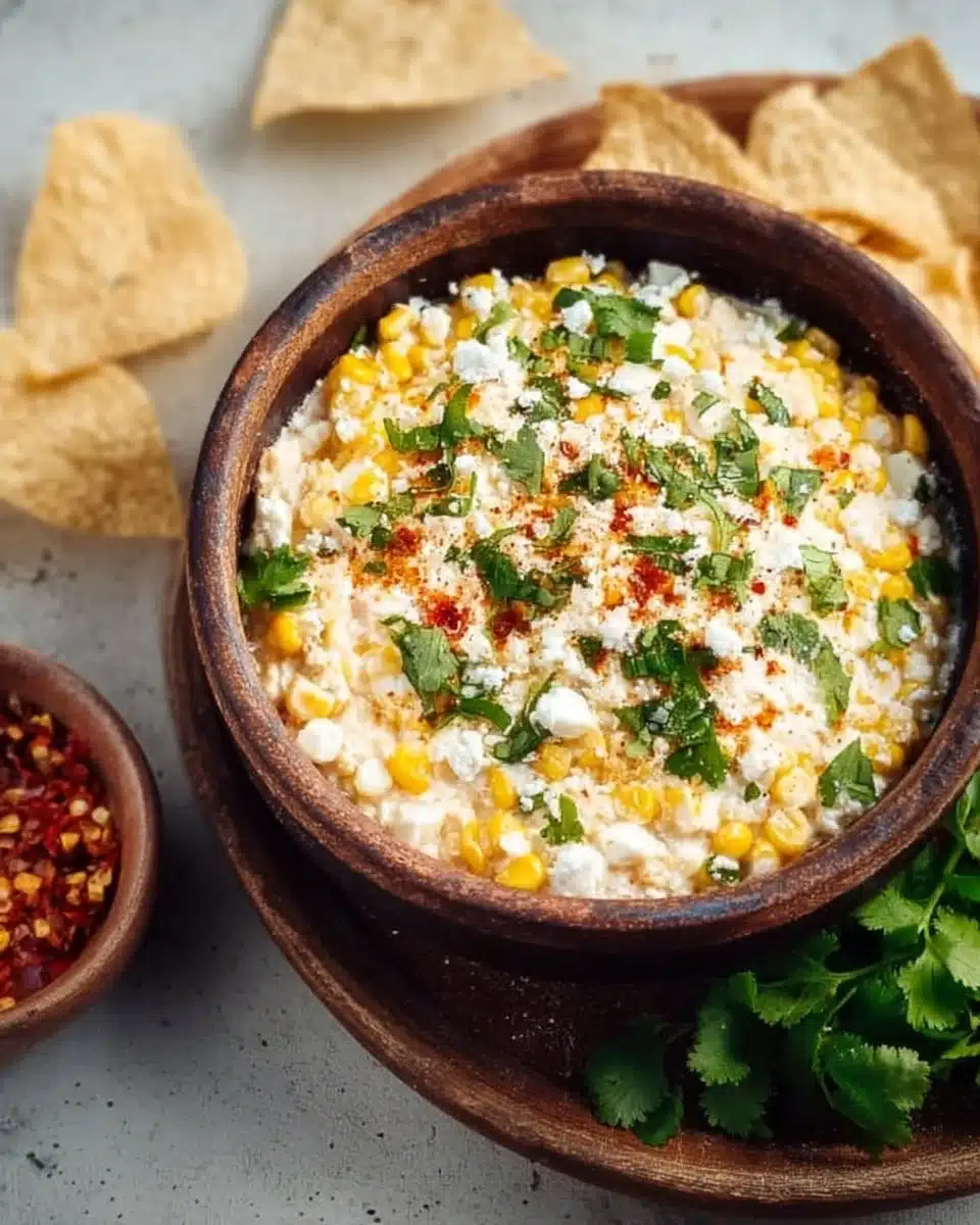 Bowl of easy elote dip topped with cheese and spices, served with tortilla chips.
