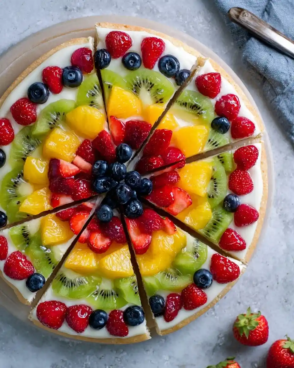 Top-down view of a sliced fruit tart decorated with fresh strawberries, blueberries, kiwi, and peaches.