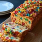 A sliced Fruity Pebbles loaf cake loaded with colorful cereal on a wooden cutting board.
