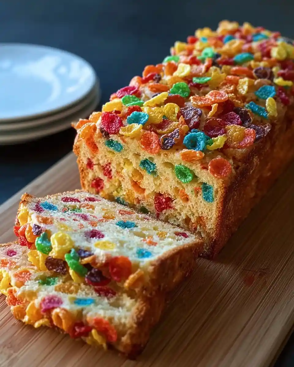 A sliced Fruity Pebbles loaf cake loaded with colorful cereal on a wooden cutting board.