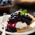 A slice of blueberry cream pie with a crumb crust, white creamy filling, and glossy berries on a white plate.