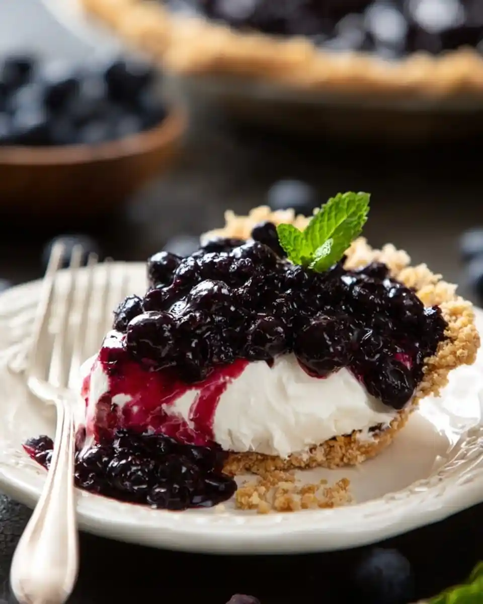 A slice of blueberry cream pie with a crumb crust, white creamy filling, and glossy berries on a white plate.