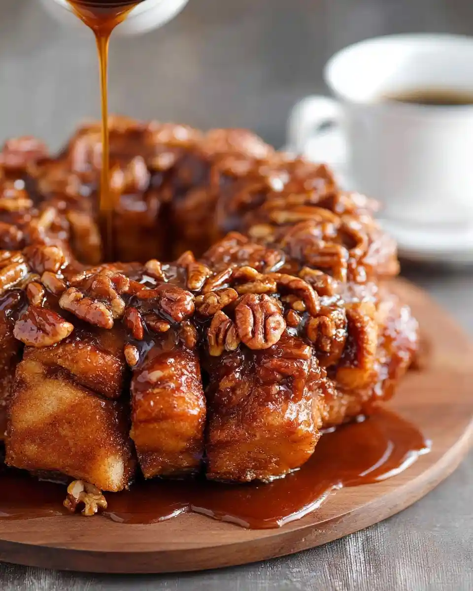 Caramel sauce being poured over freshly baked pecan monkey bread coated in nuts on a wooden board.