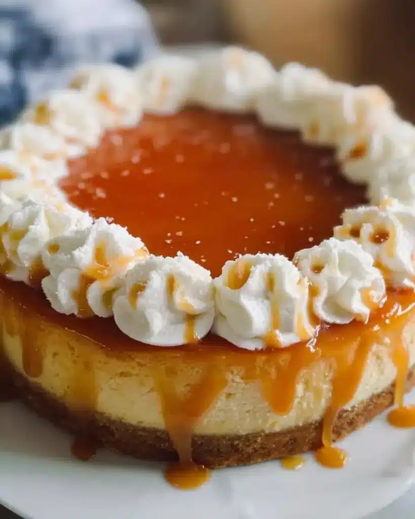 No bake salted caramel cheesecake topped with caramel sauce on a plate