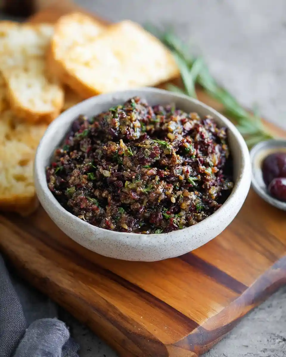A white bowl of freshly made olive tapenade on a wooden board, accompanied by toasted baguette slices.