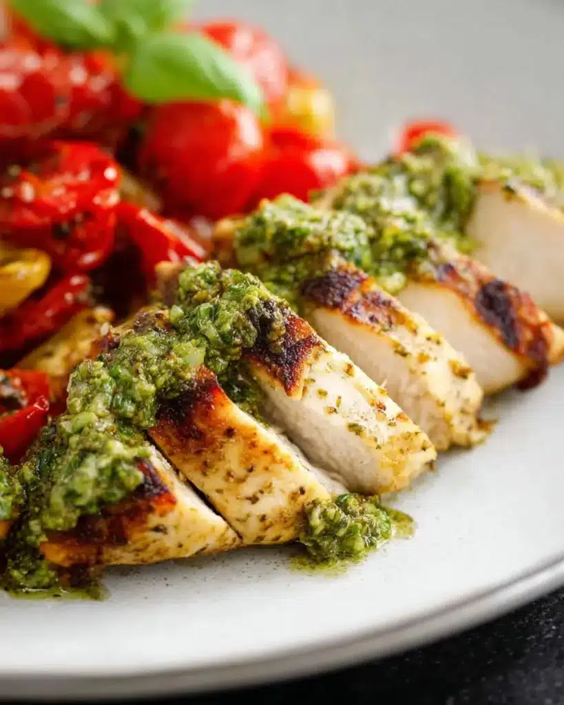 Delicious easy pesto chicken with fresh basil and garlic