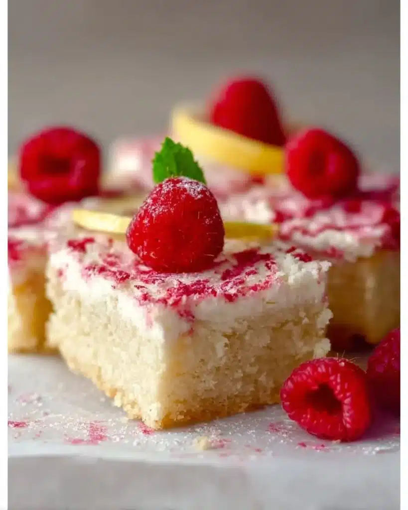 Easy Raspberry Lemon Cream Cake Bars with fresh raspberries and lemon cream.