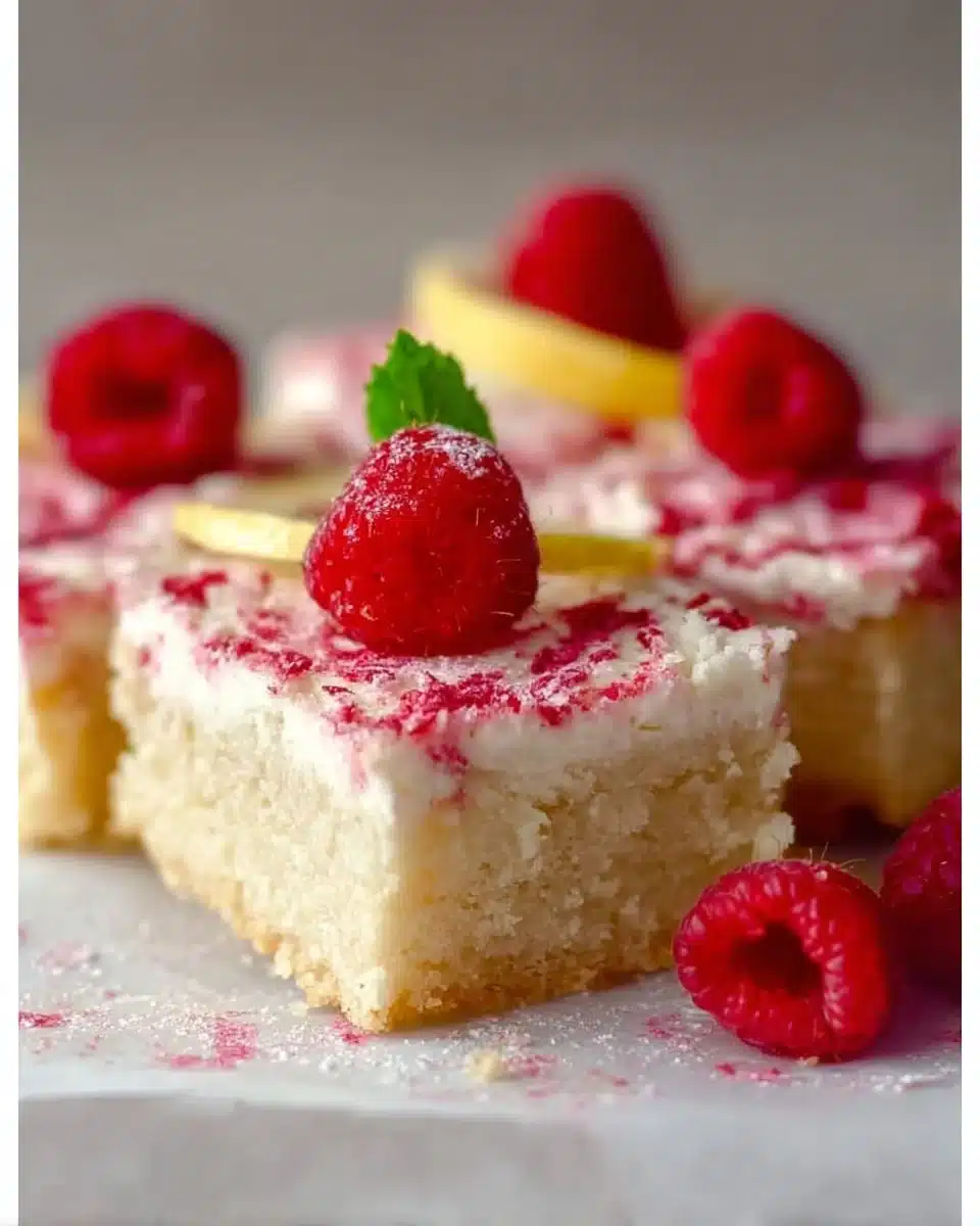 Easy Raspberry Lemon Cream Cake Bars with fresh raspberries and lemon cream.