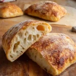 Sliced {{ $('Fetch Recipe Data').first().json["Main Keyword"] }} showing a large airy crumb on a wooden cutting board.