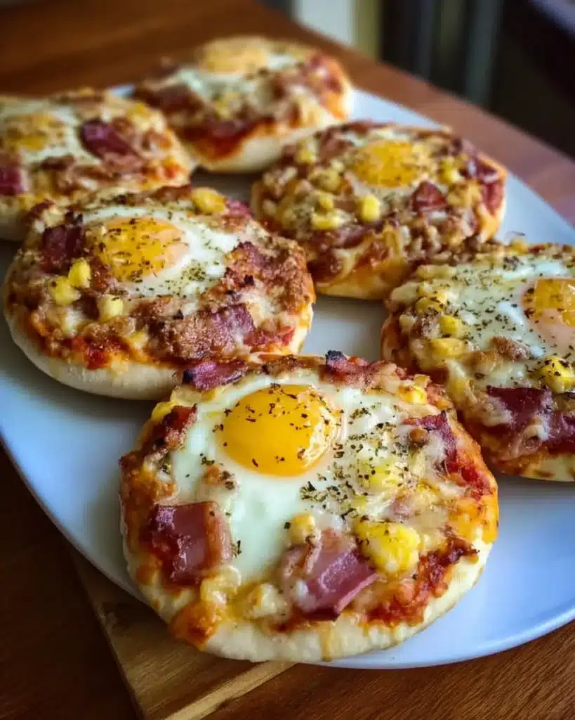 English muffin pizzas topped with cheese, tomatoes, and herbs for breakfast