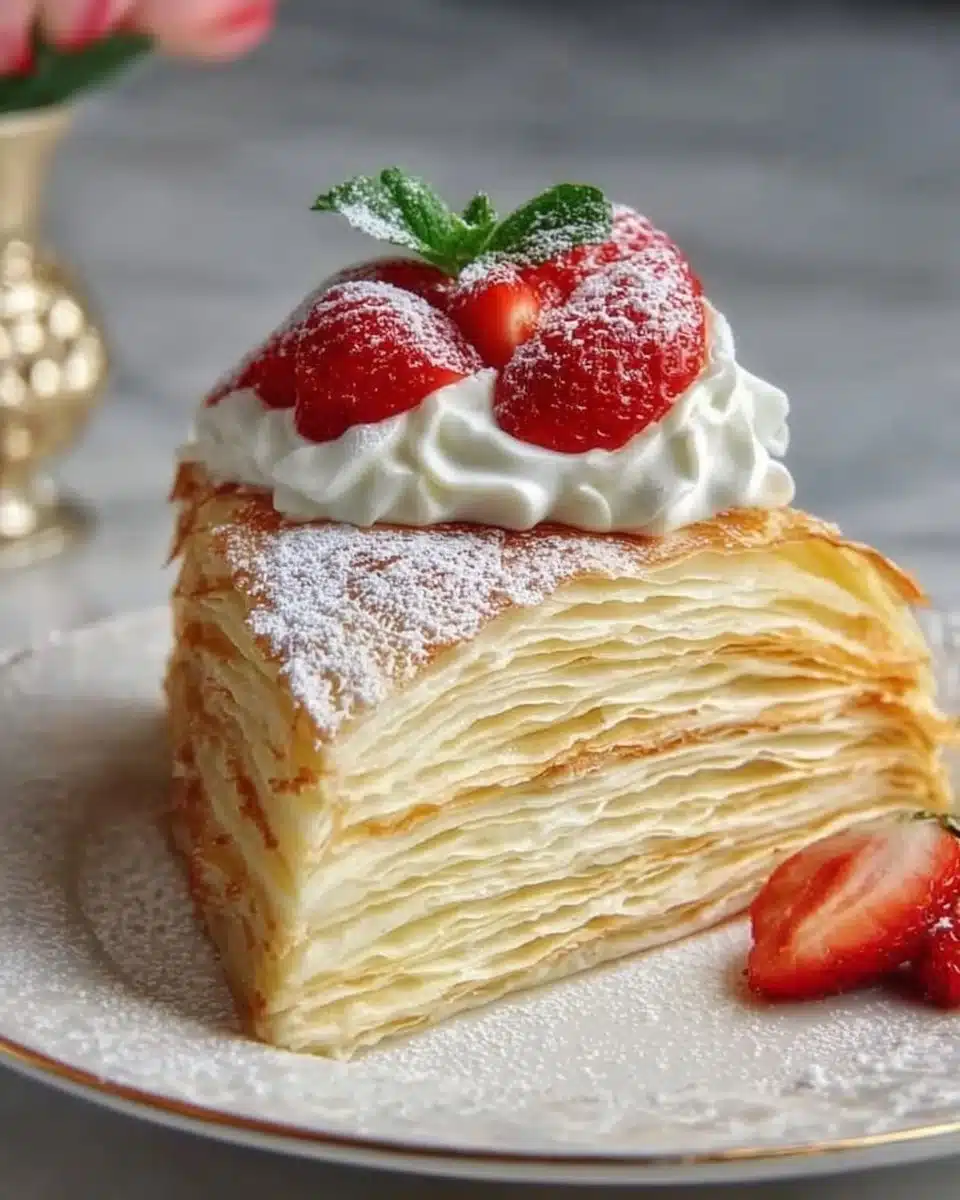 Layered French crepe cake with cream filling, a delicious dessert option.