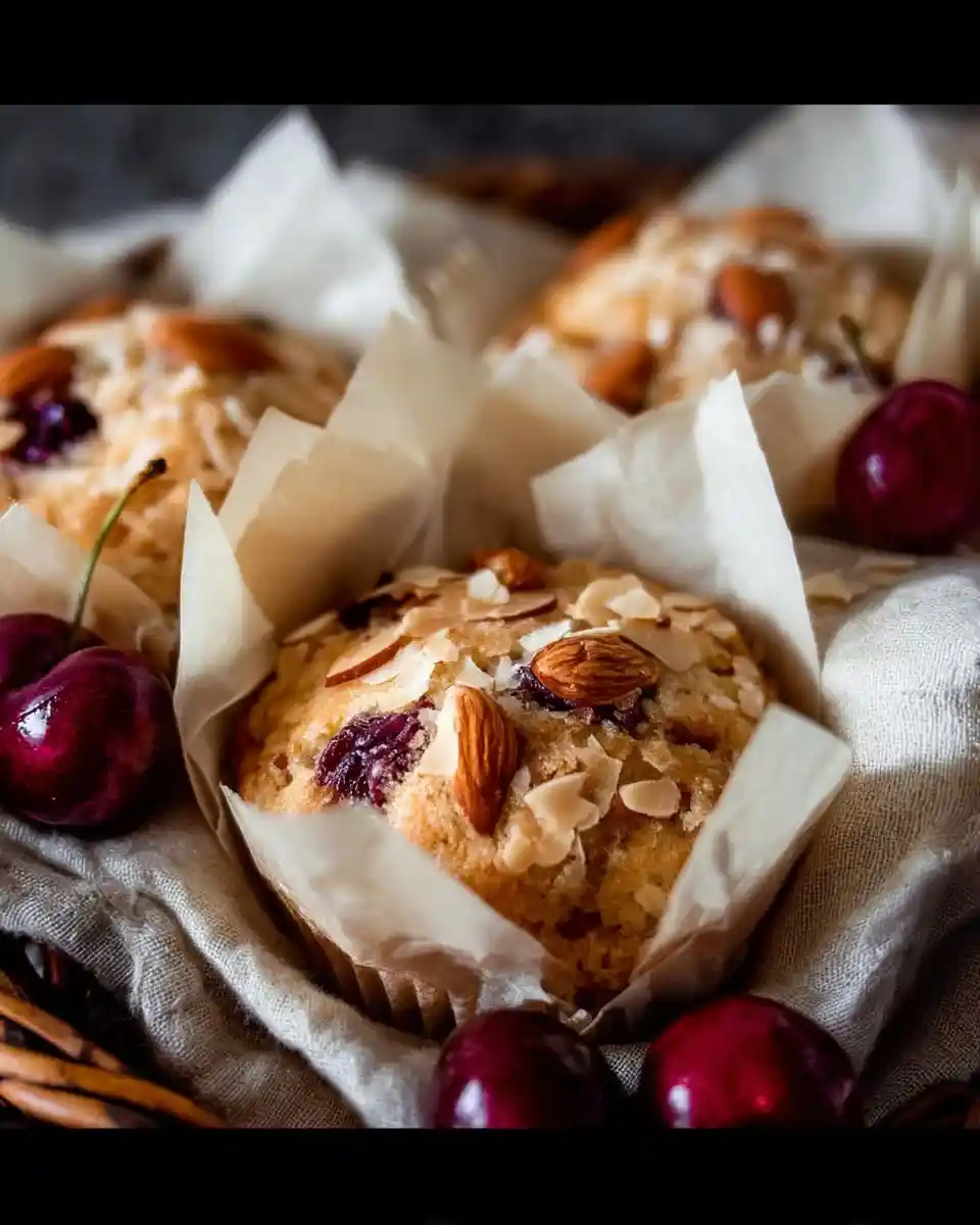 Close-up of freshly baked cherry almond muffins in parchment liners, surrounded by fresh cherries.