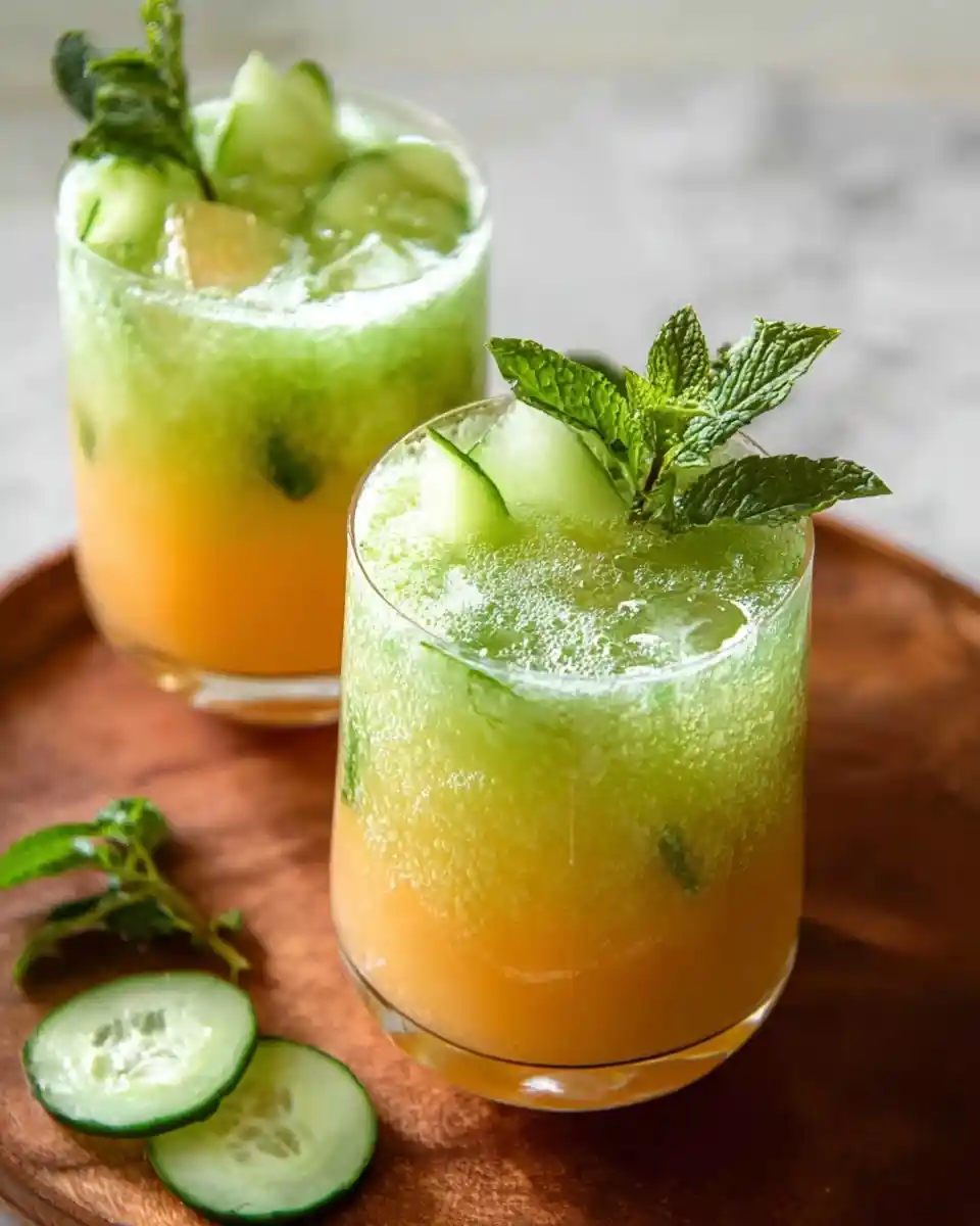 Two glasses of layered {{ $('Fetch Recipe Data').first().json["Main Keyword"] }} with mint and cucumber.