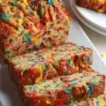 Loaf of Fruity Pebbles Bread with colorful cereal topping