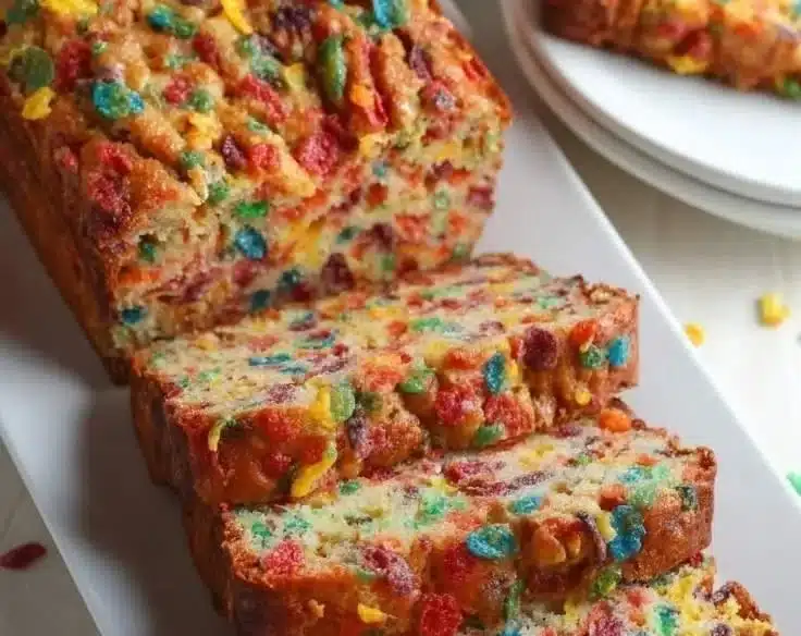 Loaf of Fruity Pebbles Bread with colorful cereal topping