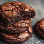 Fudgy chewy brownies on a plate, drizzled with chocolate sauce.