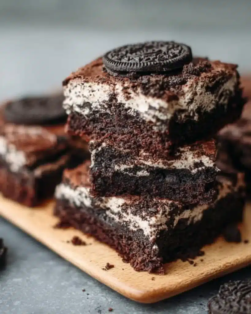 Fudgy Oreo brownies topped with crushed Oreo cookies on a plate.