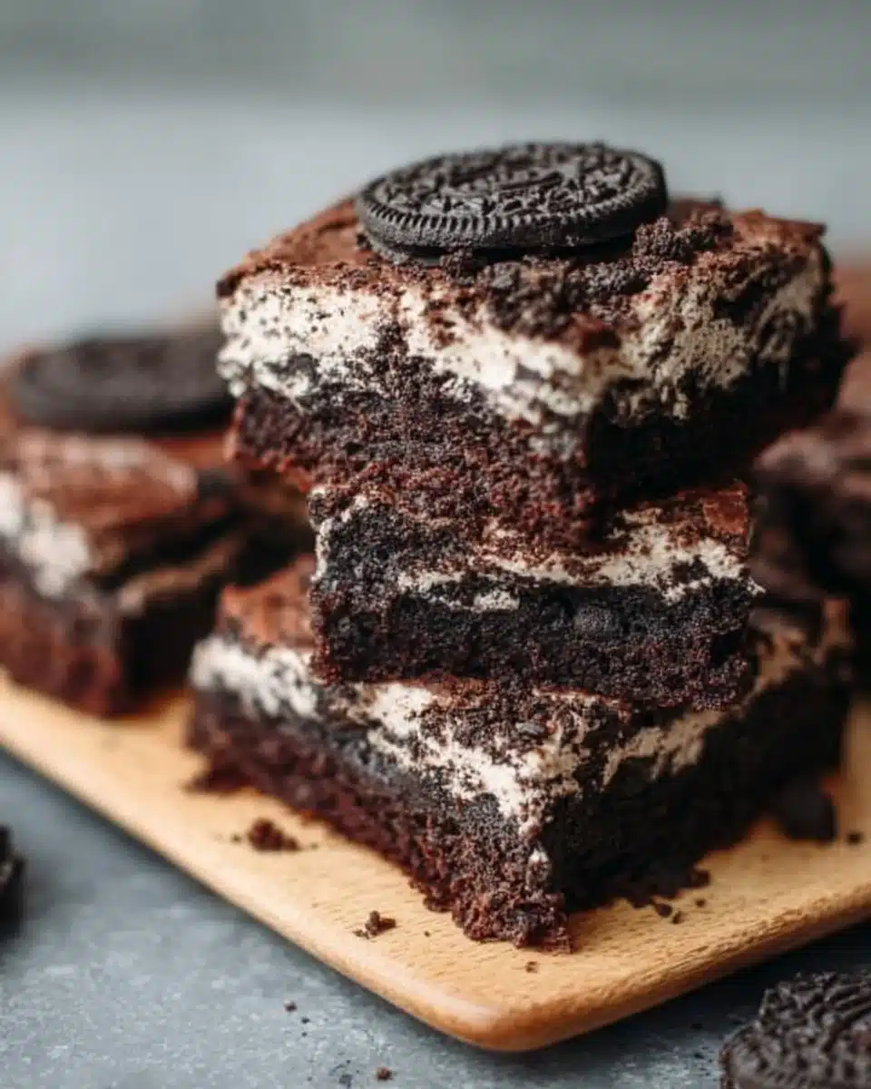 Fudgy Oreo brownies topped with crushed Oreo cookies on a plate.