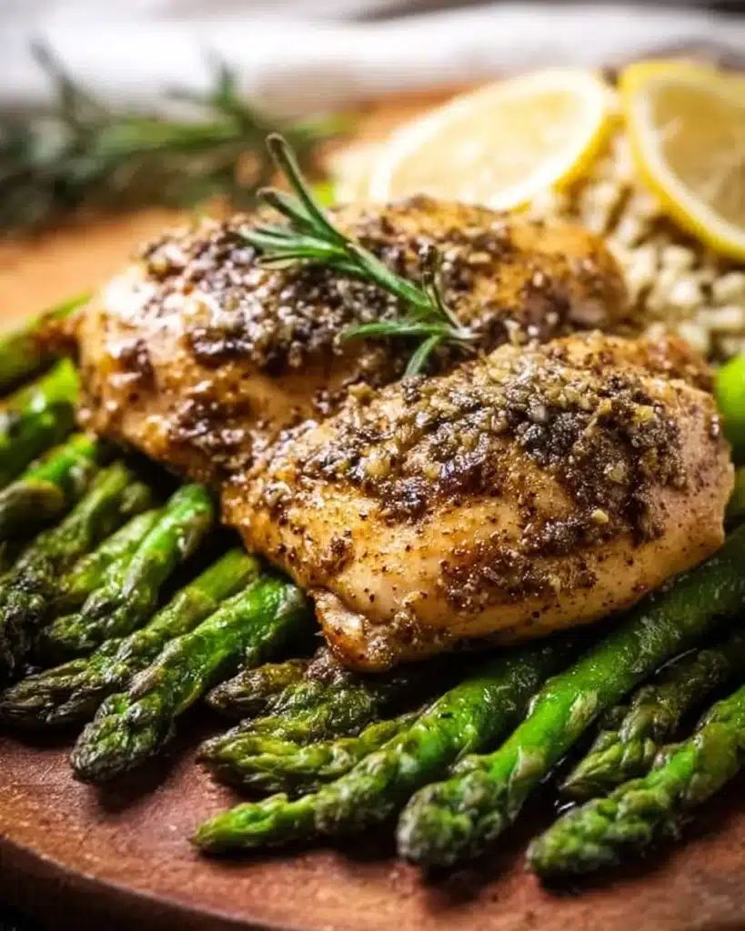 Baked garlic herb chicken served with roasted asparagus on a plate