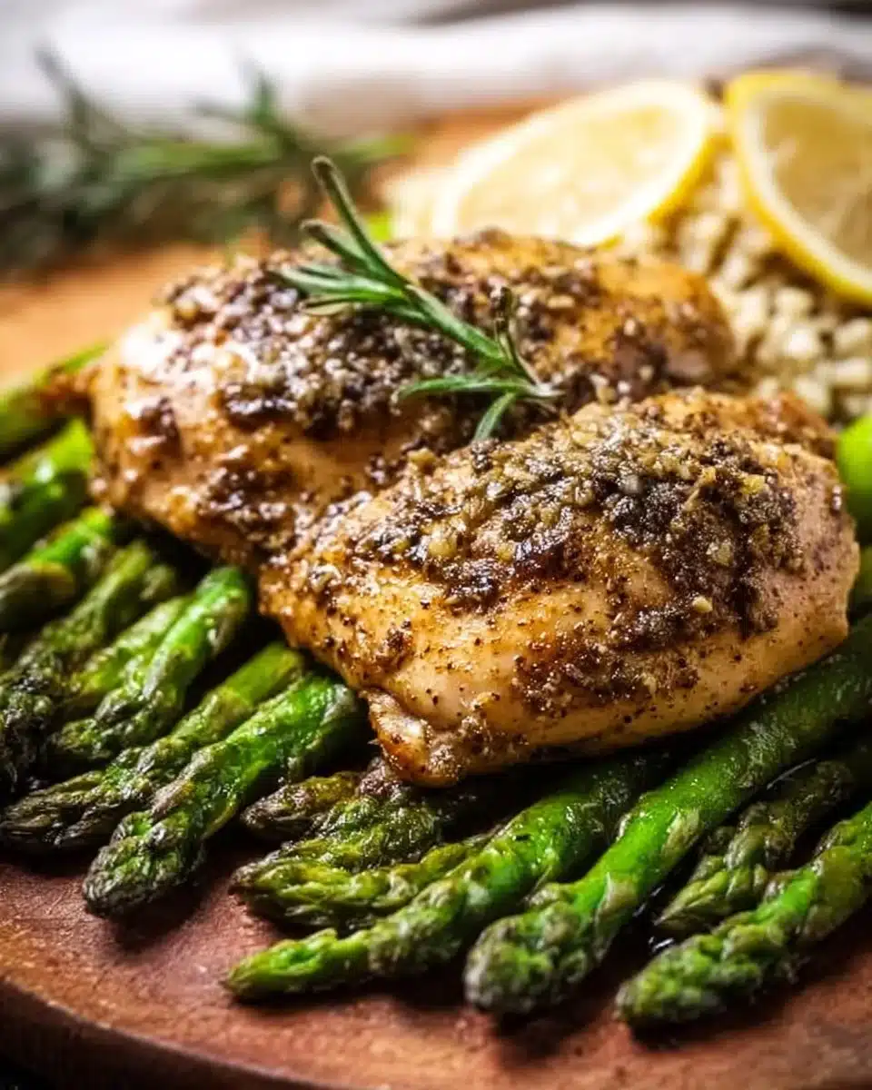 Baked garlic herb chicken served with roasted asparagus on a plate