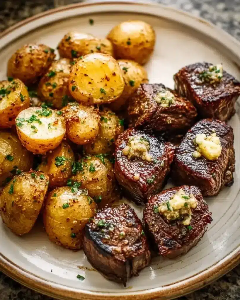 Delicious garlic steak bites served with roasted potatoes on a plate.