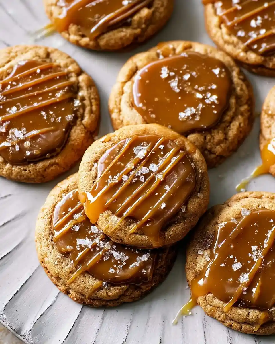 A close-up of chewy salted caramel cookies topped with melted caramel and flaky sea salt.