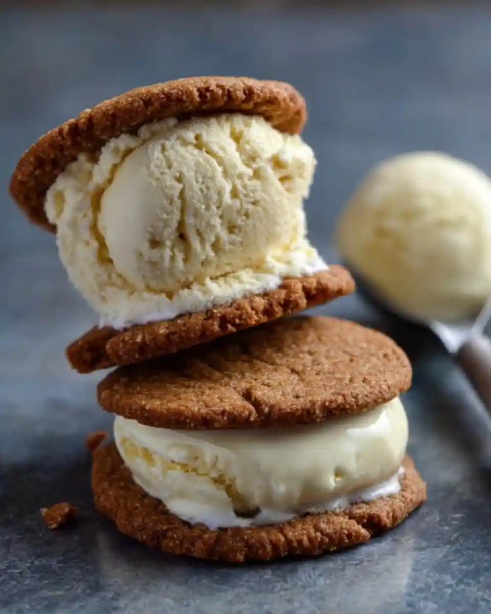 Two stacked homemade ice cream sandwiches filled with thick vanilla ice cream between chewy brown cookies.