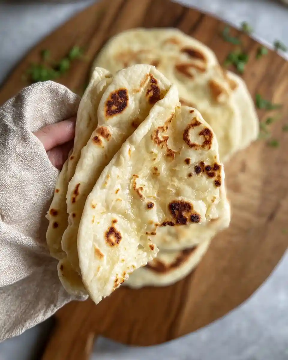 A hand holds a warm, buttery piece of naan bread with golden blistered spots over a wooden board.