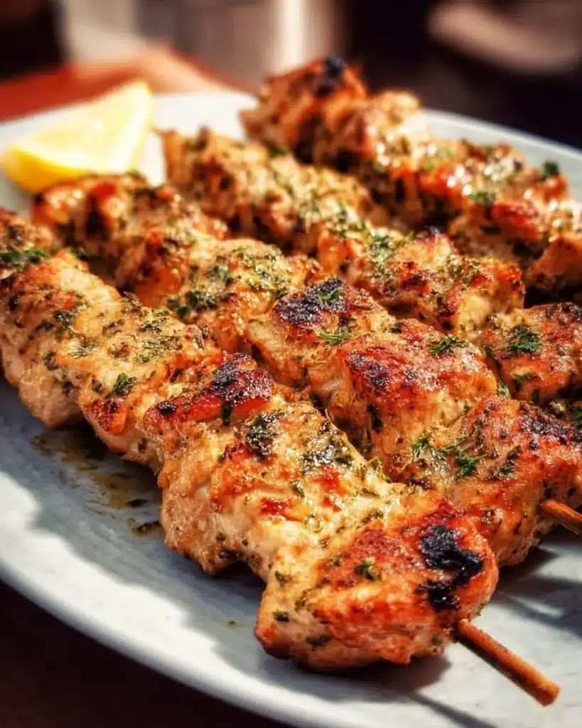 Delicious grilled chicken skewers marinated and ready to serve on a platter.