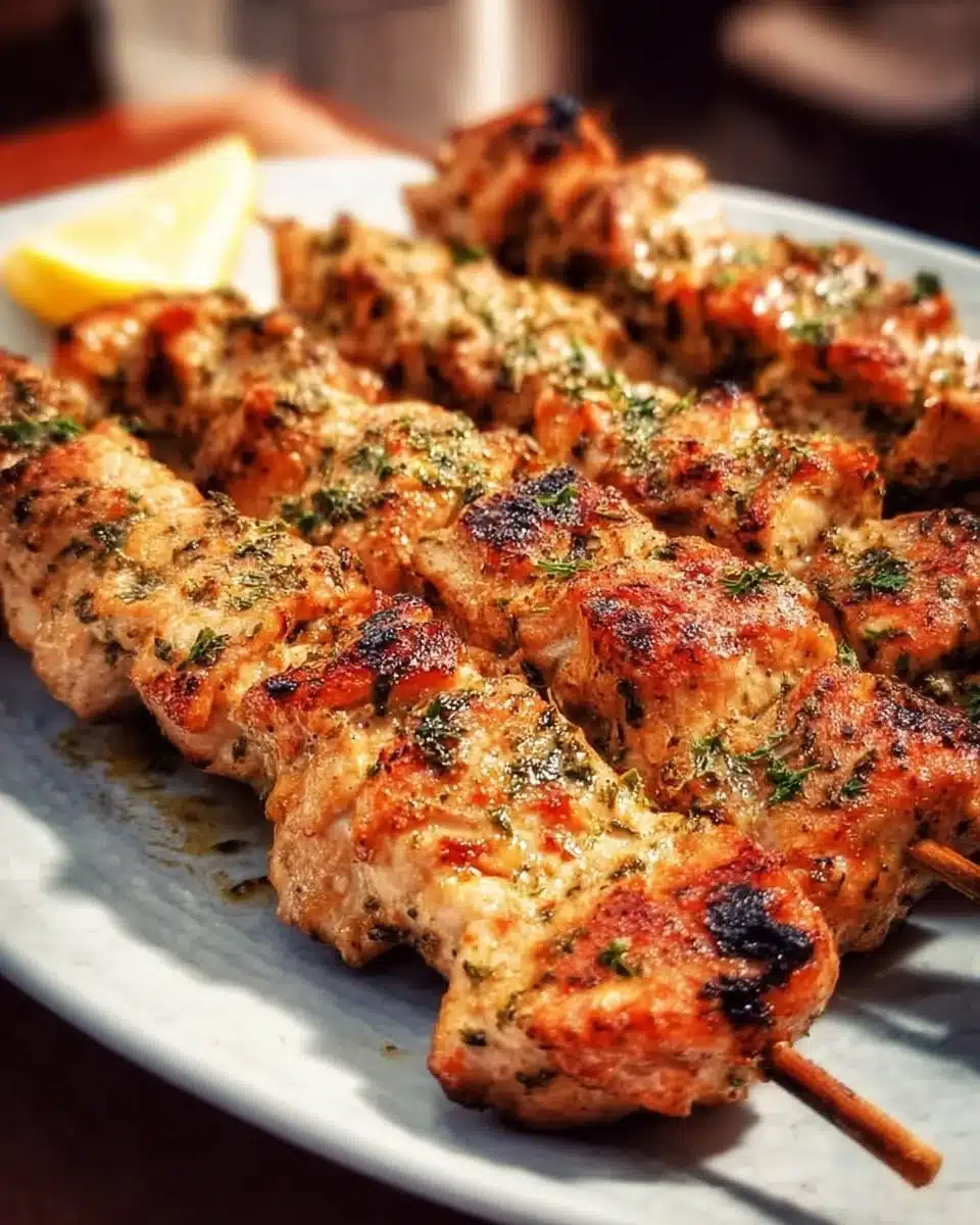 Delicious grilled chicken skewers marinated and ready to serve on a platter.