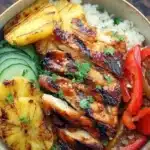 Grilled Hawaiian chicken teriyaki bowls served with rice and vegetables