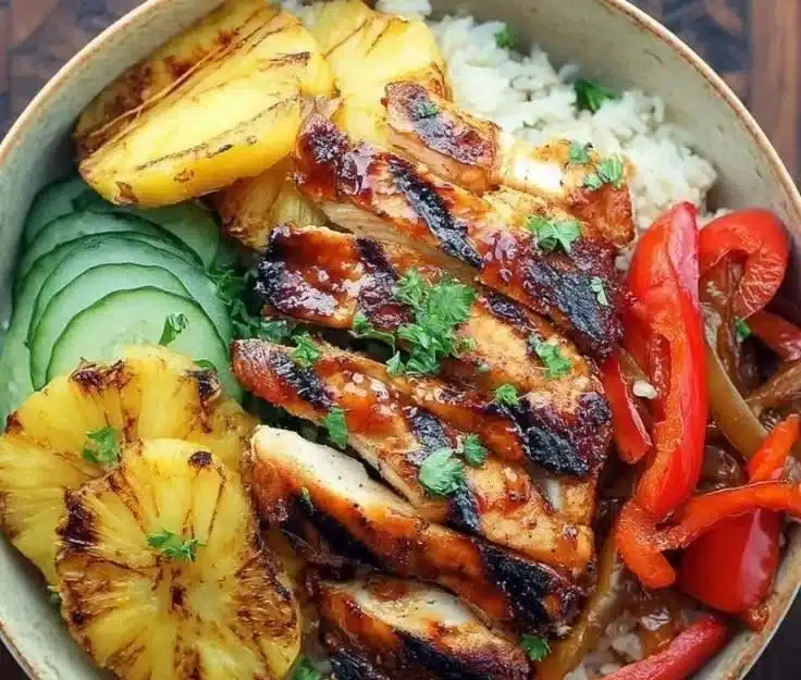 Grilled Hawaiian chicken teriyaki bowls served with rice and vegetables