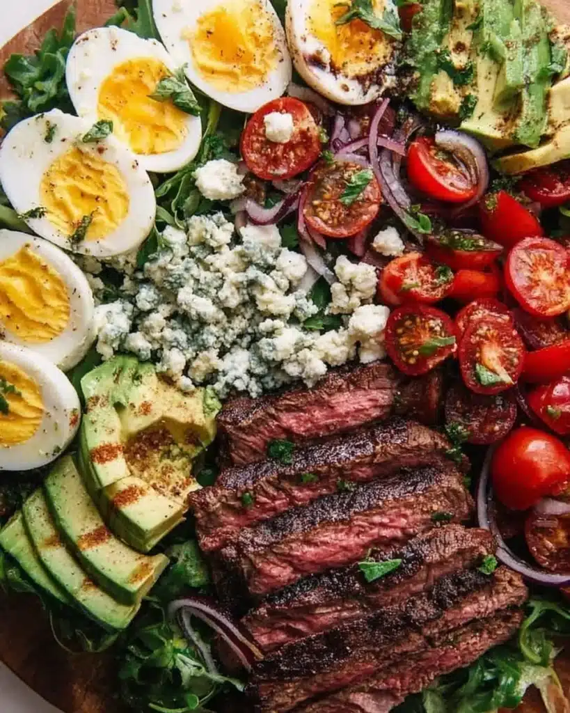 Delicious Grilled Steak Cobb Salad with fresh vegetables and steak slices