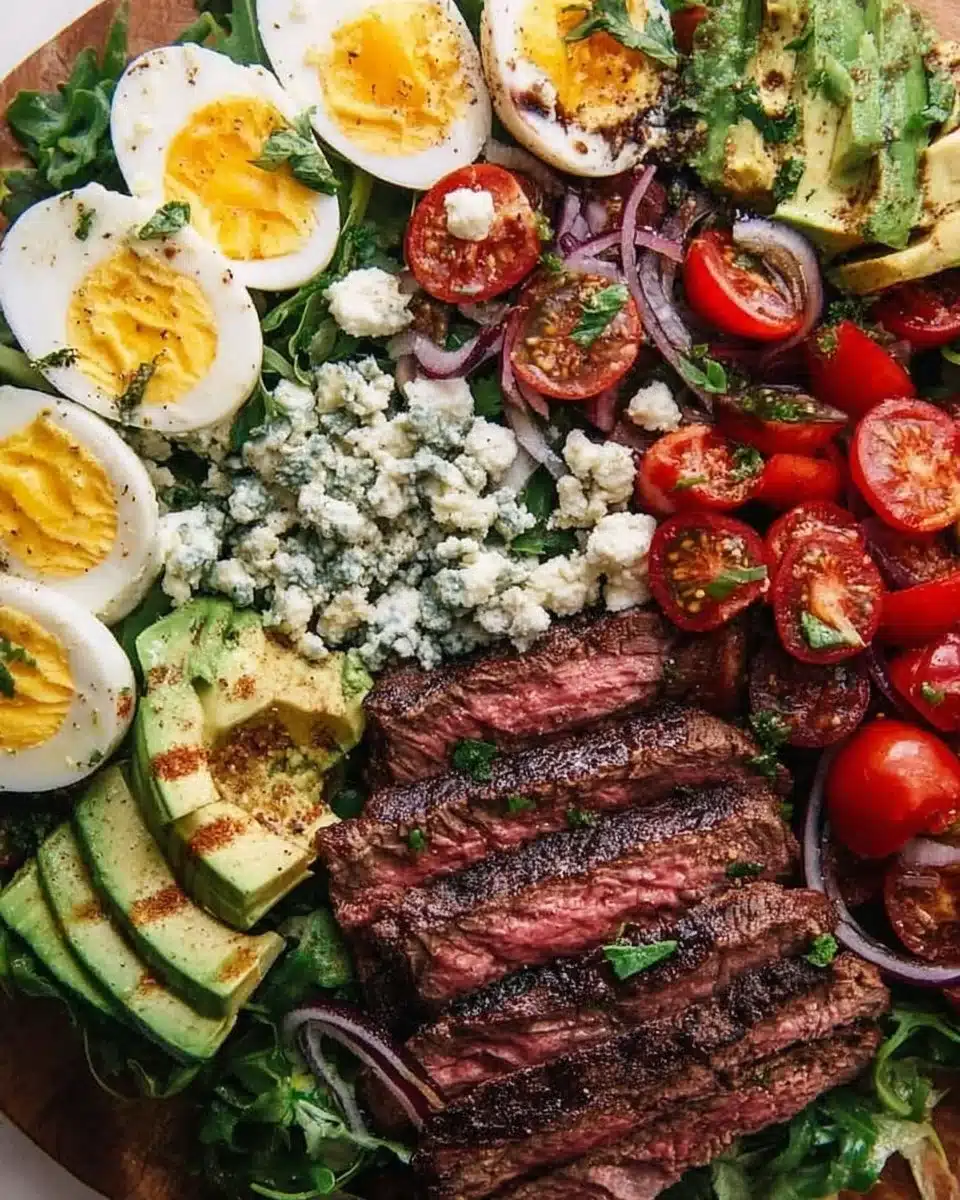 Delicious Grilled Steak Cobb Salad with fresh vegetables and steak slices